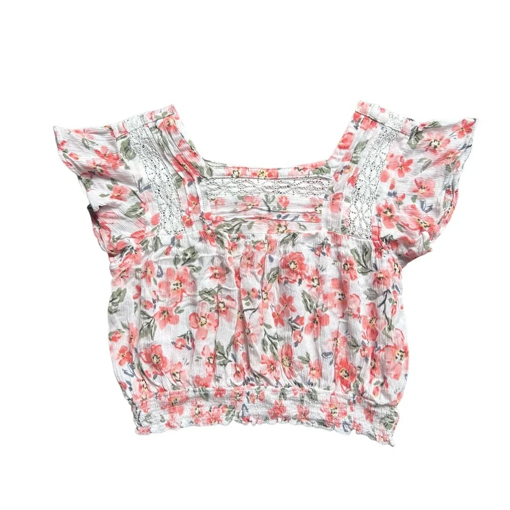 Justice Pink Floral Ruffled Crop Blouse kids
